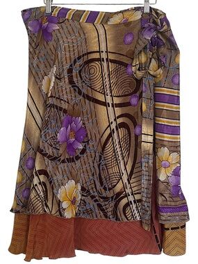 Women’s Purple Tan Floral Wrap Midi Skirt  Boho Adjustable Waist One Size Hippie